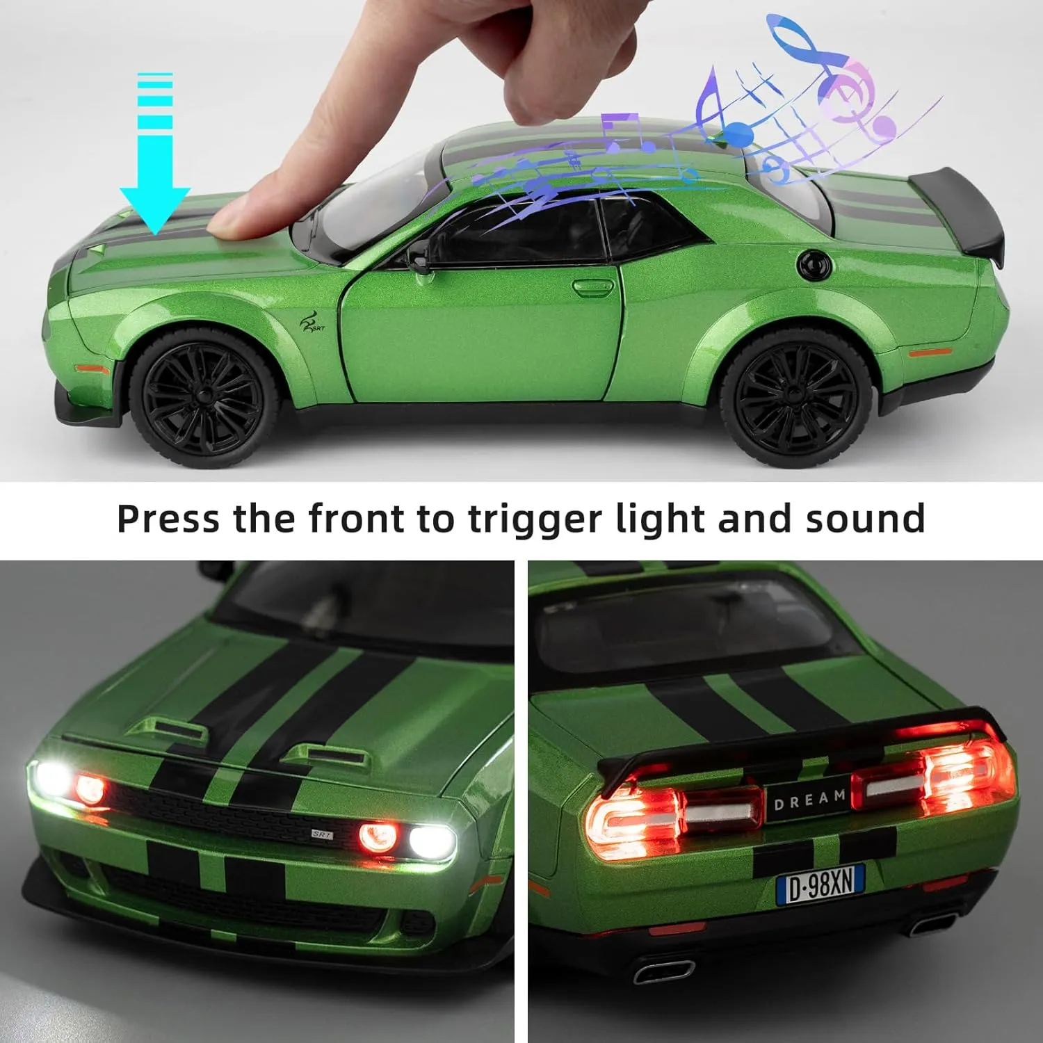 Hellcat Toy Cars for Collectible 1:22 Dodge Challenger SRT Green Hellcat Toy, Diecast Vehicle Toy with Lights and Sounds,Pull Back Decoration Model Car Toy for Adults Kids Birthday Gifts