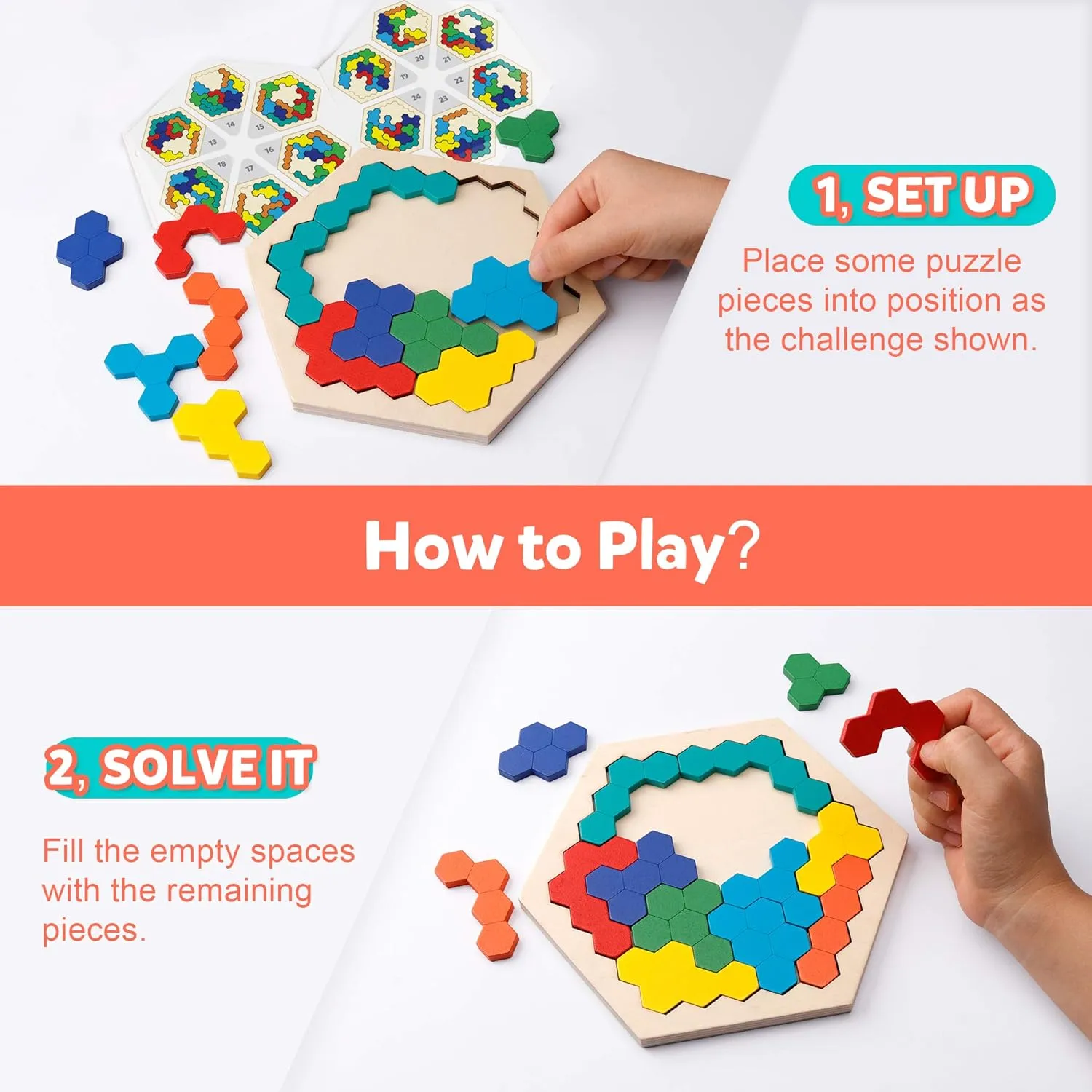 Hexagon Wooden Puzzle Brain Teaser - Fun Family STEM Toy for All Ages | Creative Geometry Logic Game with Pattern Blocks | Montessori Learning Gift for Kids & Adults