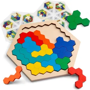 Hexagon Wooden Puzzle Brain Teaser - Fun Family STEM Toy for All Ages | Creative Geometry Logic Game with Pattern Blocks | Montessori Learning Gift for Kids & Adults