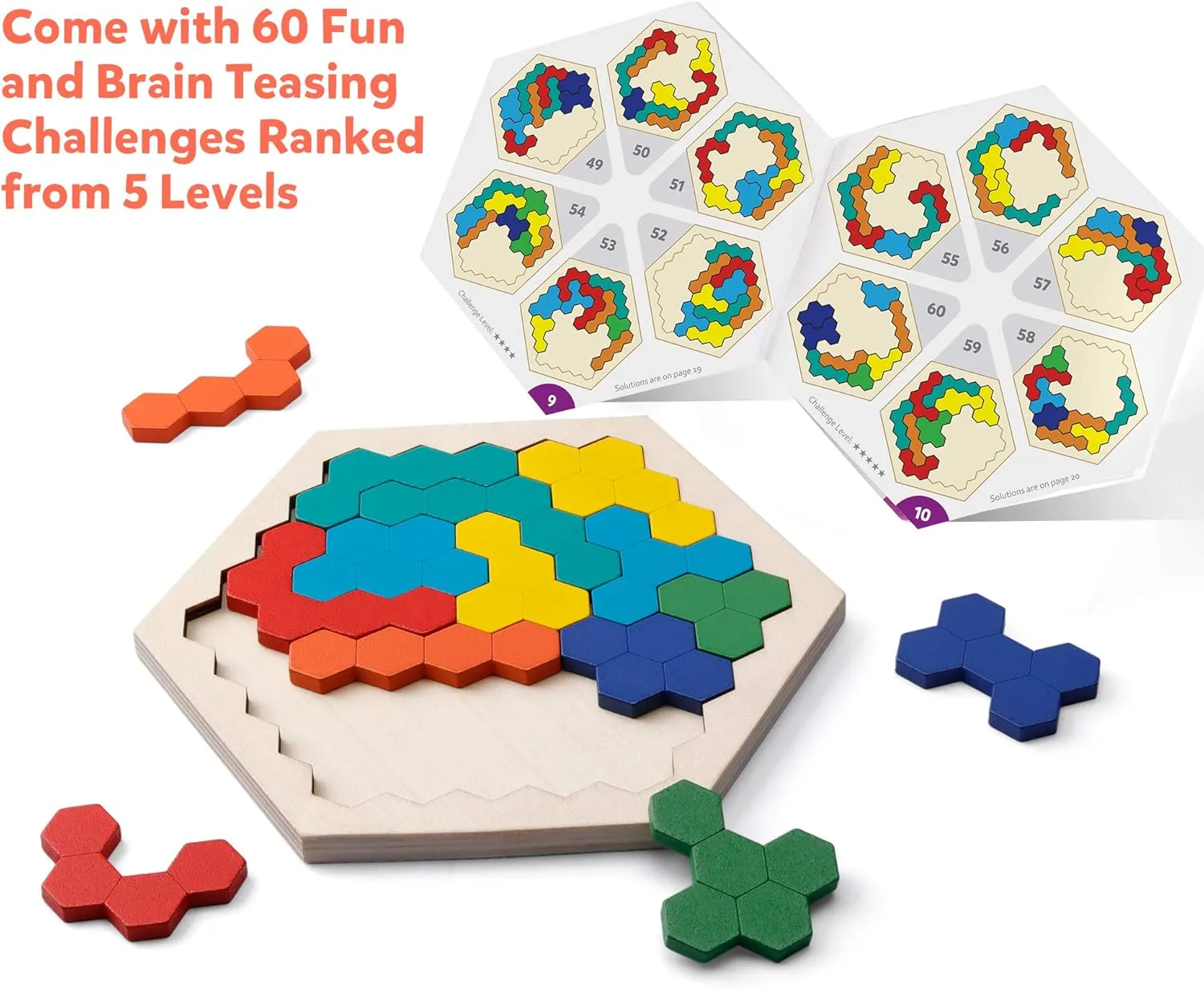 Hexagon Wooden Puzzle Brain Teaser - Fun Family STEM Toy for All Ages | Creative Geometry Logic Game with Pattern Blocks | Montessori Learning Gift for Kids & Adults