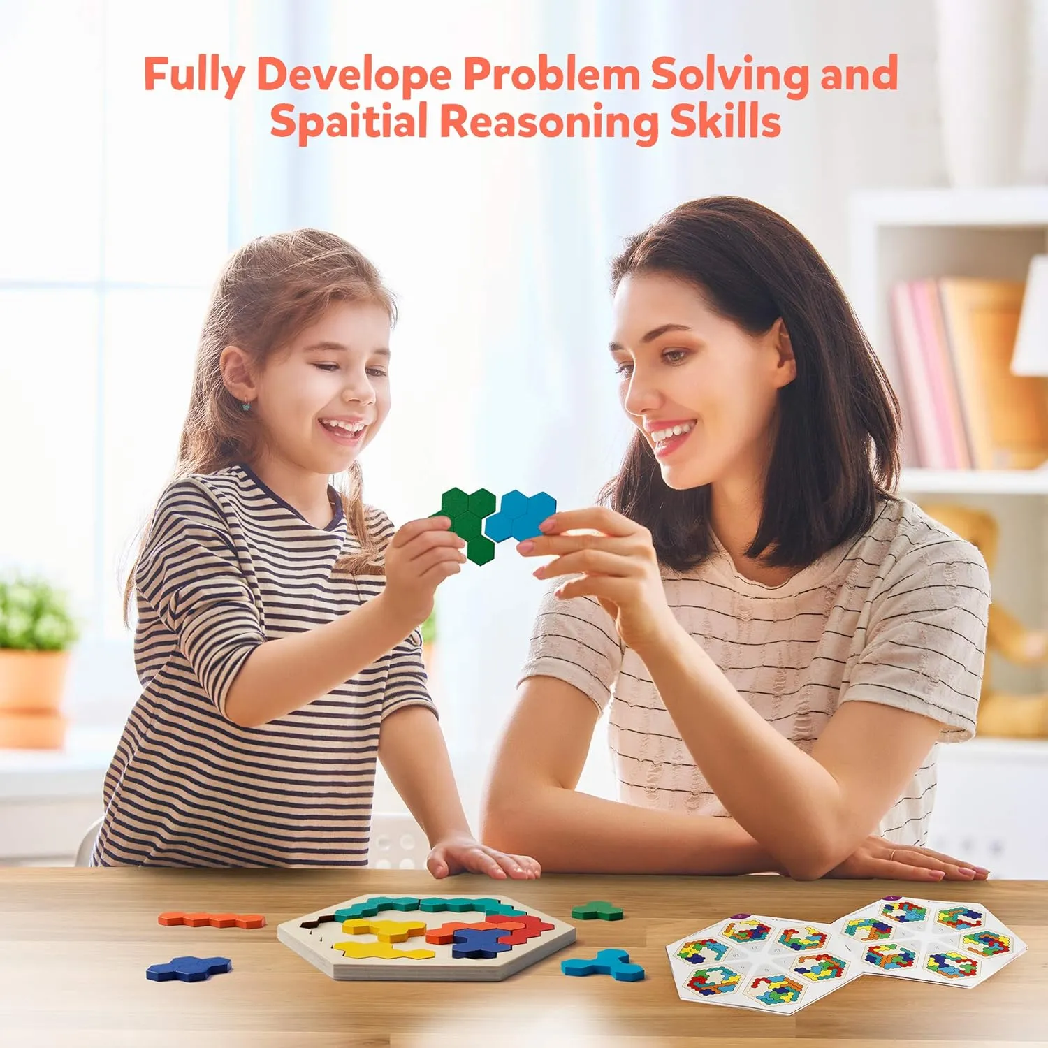 Hexagon Wooden Puzzle Brain Teaser - Fun Family STEM Toy for All Ages | Creative Geometry Logic Game with Pattern Blocks | Montessori Learning Gift for Kids & Adults