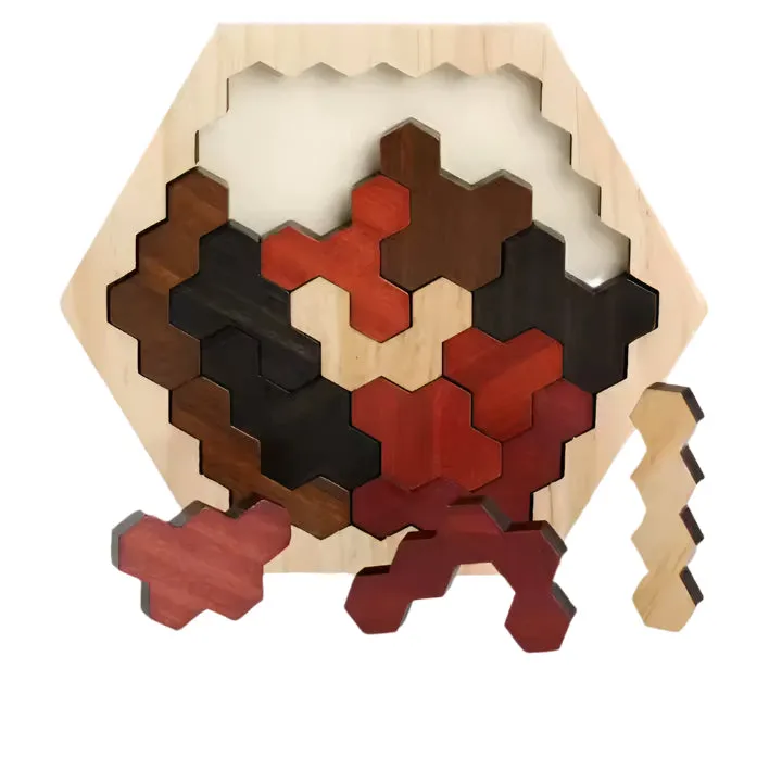 Hexagon Wooden Puzzle Brain Teaser - Fun Family STEM Toy for All Ages | Creative Geometry Logic Game with Pattern Blocks | Montessori Learning Gift for Kids & Adults
