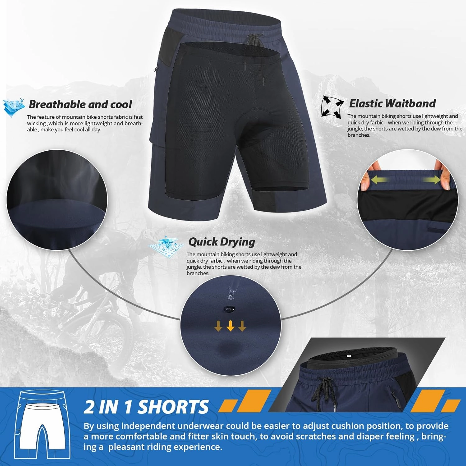 Hiauspor Men's Padded Mountain Bike Shorts Loose Fit Quick Dry Cycling Shorts Biking for Men with 5 Pockets