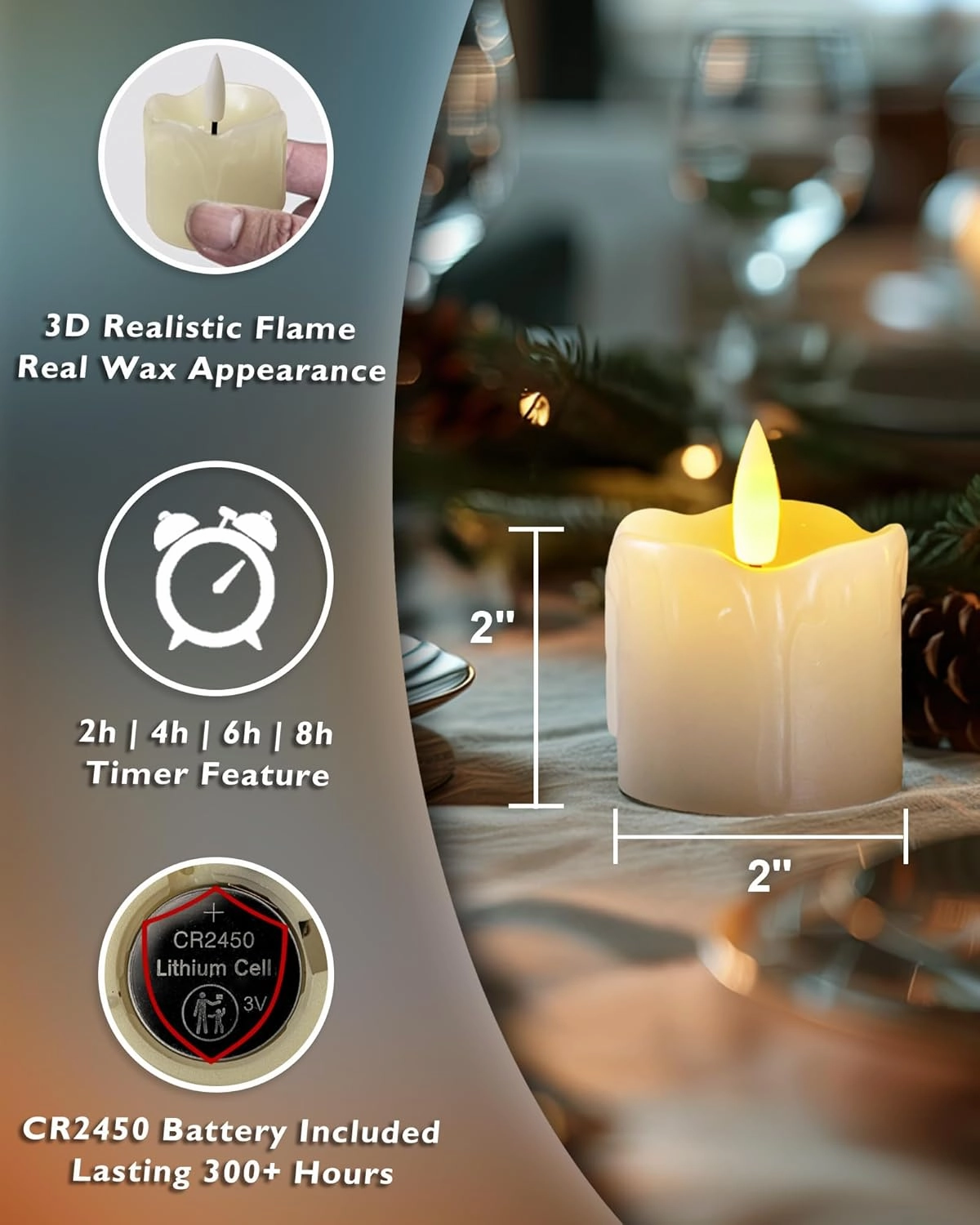 Homemory Flameless Votive Candles with Timer Remote, 2" x 2" Real Wax, 300  Hour Realistic Black Wick Battery Operated Candles, Set of 6 for Wedding, Party and Holiday Decoration (Battery Included)