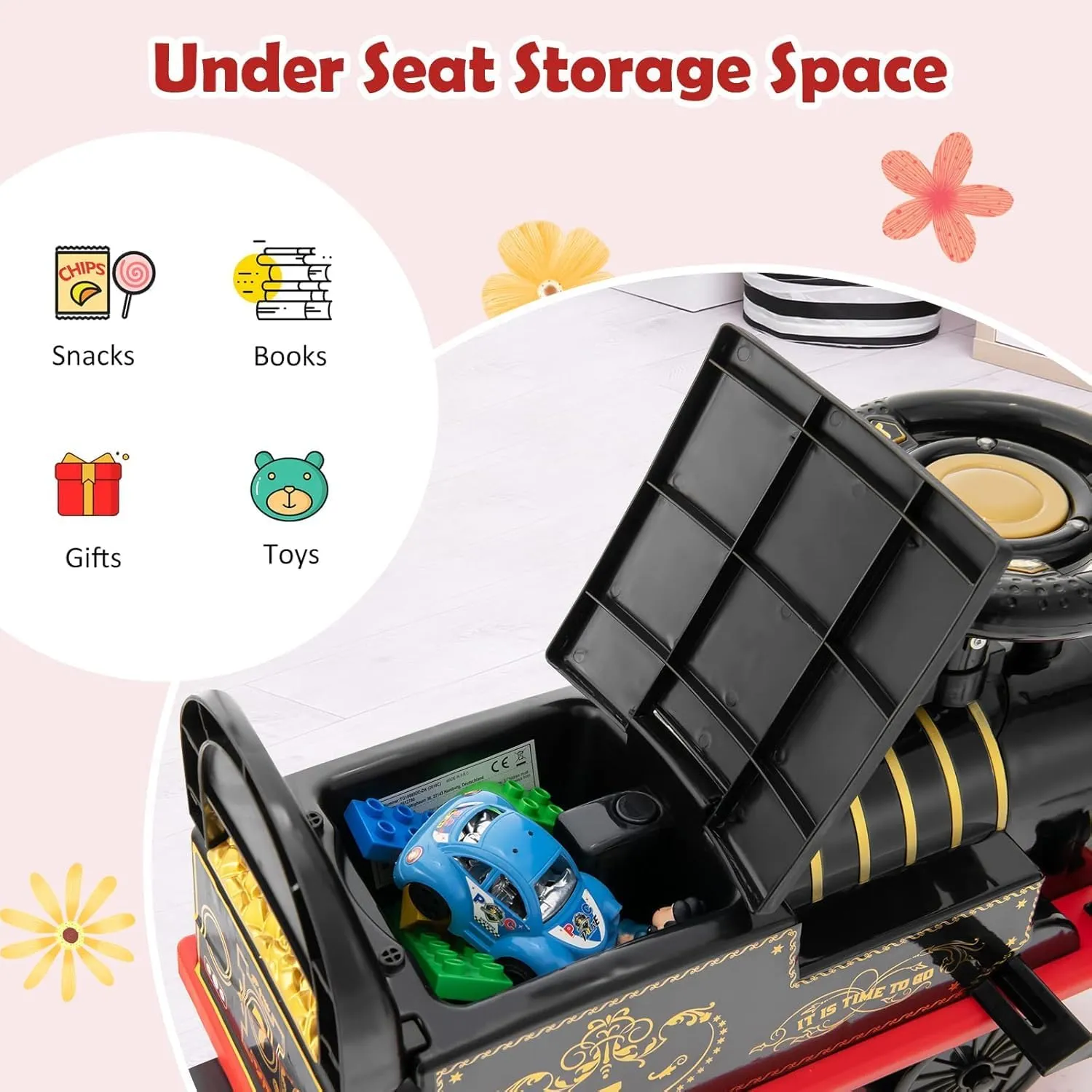 HOMGX Electric Ride On Toy, 6V Powered Toddler Ride-on Train Set with Tracks, Flashing Light, Storage Seat & Anti-tilt Device, Kid’s Ride On Train for Boys & Girls 2  Years, Gift for Christmas (Black)
