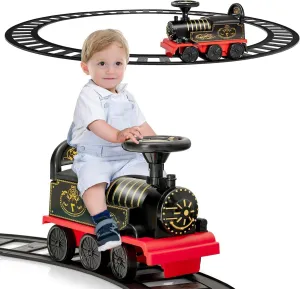 HOMGX Electric Ride On Toy, 6V Powered Toddler Ride-on Train Set with Tracks, Flashing Light, Storage Seat & Anti-tilt Device, Kid’s Ride On Train for Boys & Girls 2  Years, Gift for Christmas (Black)