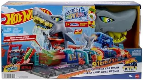 Hot Wheels City Track Set, Ultra Shark Car Wash with 1:64 Scale Color Reveal Toy Vehicle, Repeat Color-Change Feature, Storage