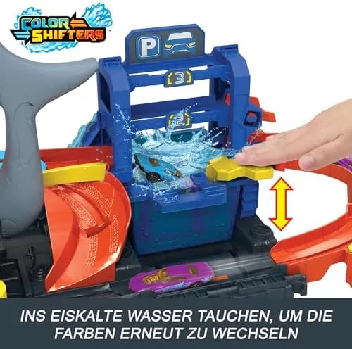 Hot Wheels City Track Set, Ultra Shark Car Wash with 1:64 Scale Color Reveal Toy Vehicle, Repeat Color-Change Feature, Storage