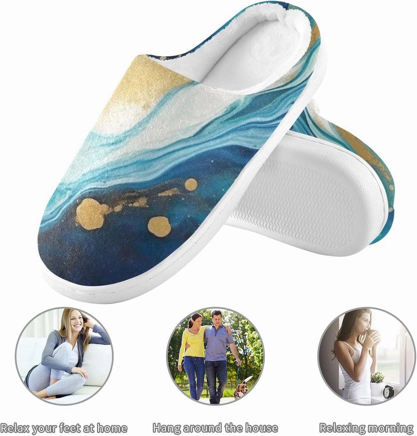 House Fuzzy Slippers Marble Indigo Gold Anti-Slip Warm Shoes for Womens & Men 20849783