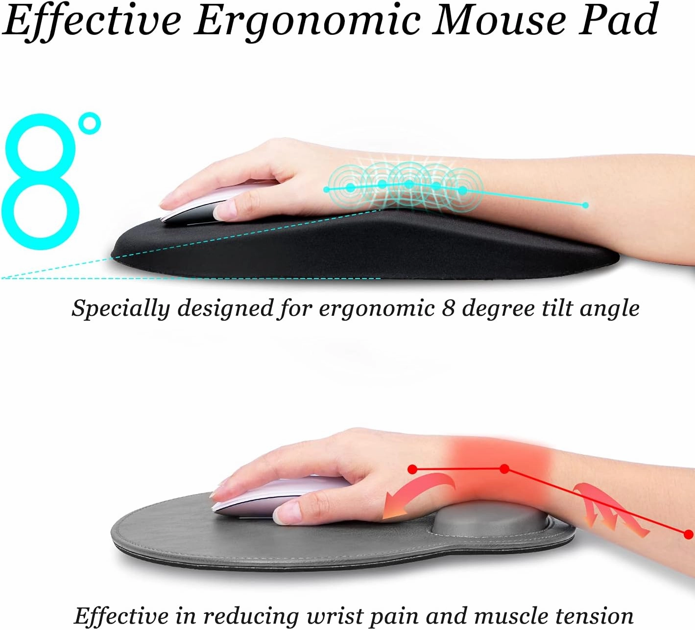 hueilm Ergonomic Mouse Pad Wrist Support,Pain Relief Mouse Pad with Wrist Rest,Entire Memory Foam Mouse Pad with Non-Slip PU Base,Comfortable Mousepad Perfect for Office & Home（Black）