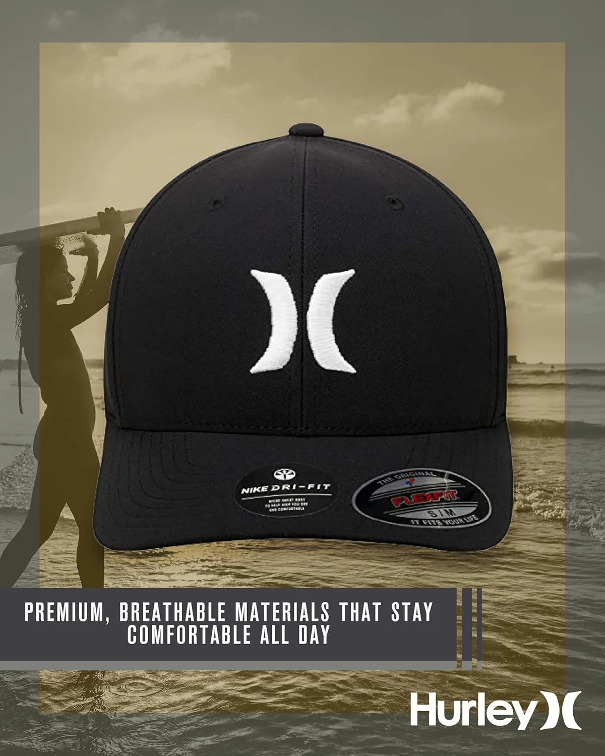 Hurley Mens Baseball Cap - Flexfit Fitted Baseball Caps for Men (Sizes: S-XL)