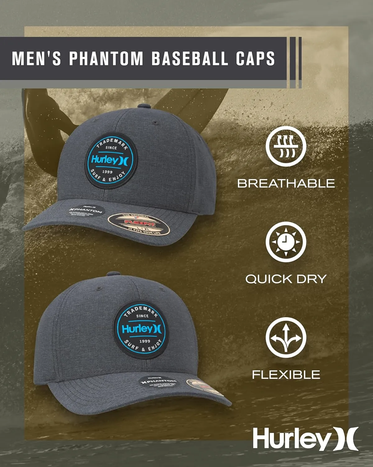 Hurley Men's Caps - Flexfit and Quick-Dry Phantom Baseball Caps for Men with Sweatband - Classic Mens Trucker Hats (S-XL)
