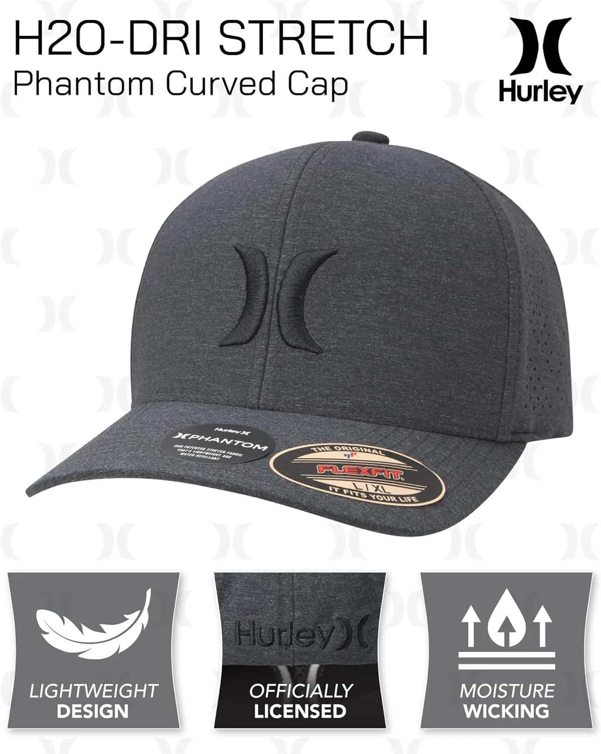 Hurley Men's Caps - Flexfit and Quick-Dry Phantom Curved Baseball Caps for Men - Classic Mens Trucker Hats (S-XL)