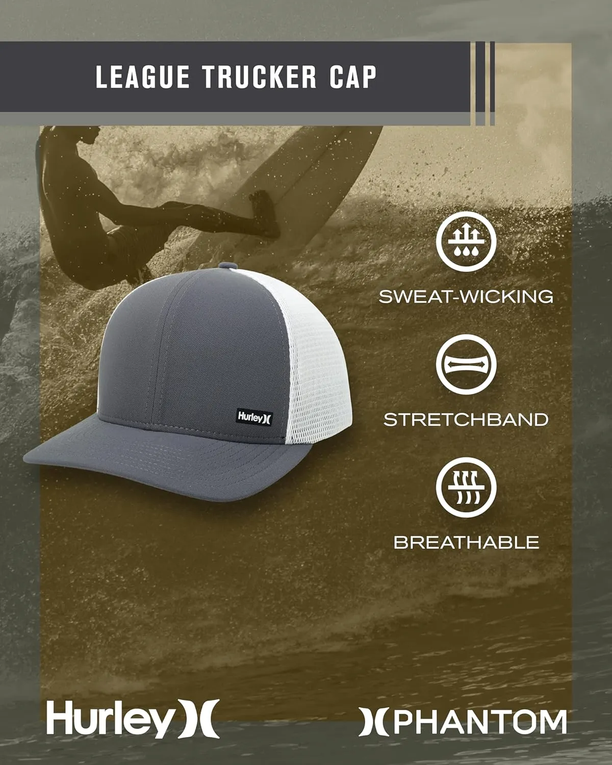 Hurley Men's Caps - H2O-Dri League Baseball Caps for Men with Snapback Closure - Classic Mens Trucker Hats (S-XL)