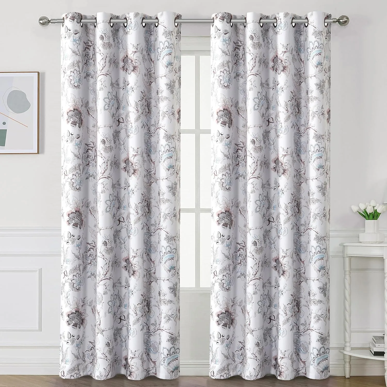 H.VERSAILTEX Blackout Curtains 84 Inch Length 2 Panels Set Floral Print Curtain Drapes for Living Room Thermal Insulated Grommet Window Curtains for Bedroom - Traditional Floral in Brown and Soft Teal