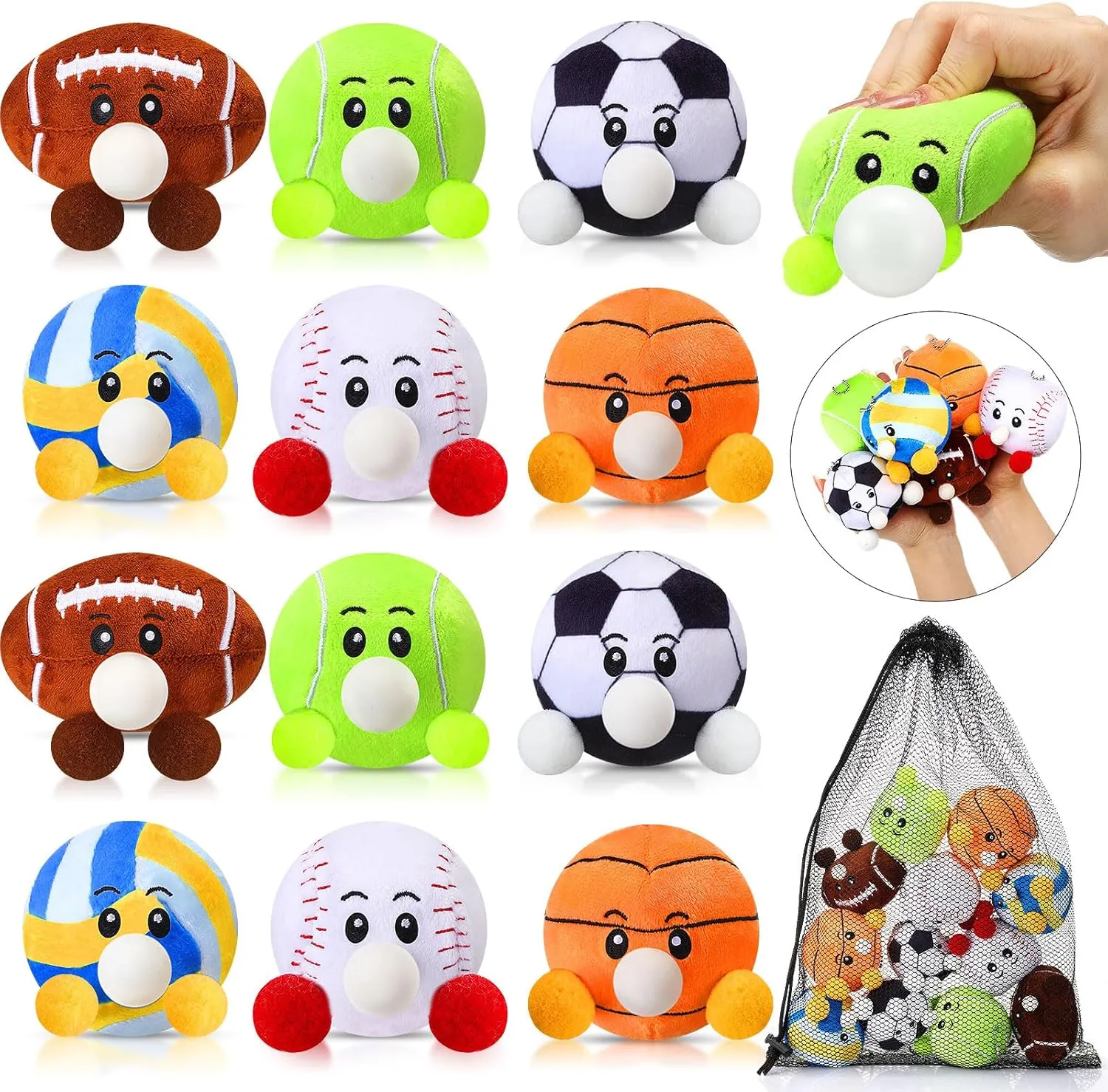 HyDren 6 Pcs Sports Party Favors Mini Stress Balls for Adult Kids, 3.15 Inch Plush Baseball Sensory Squeeze Basketball Soccer Football Toy Gift for Stress Anxiety Relief, Themed Birthday Party Favor