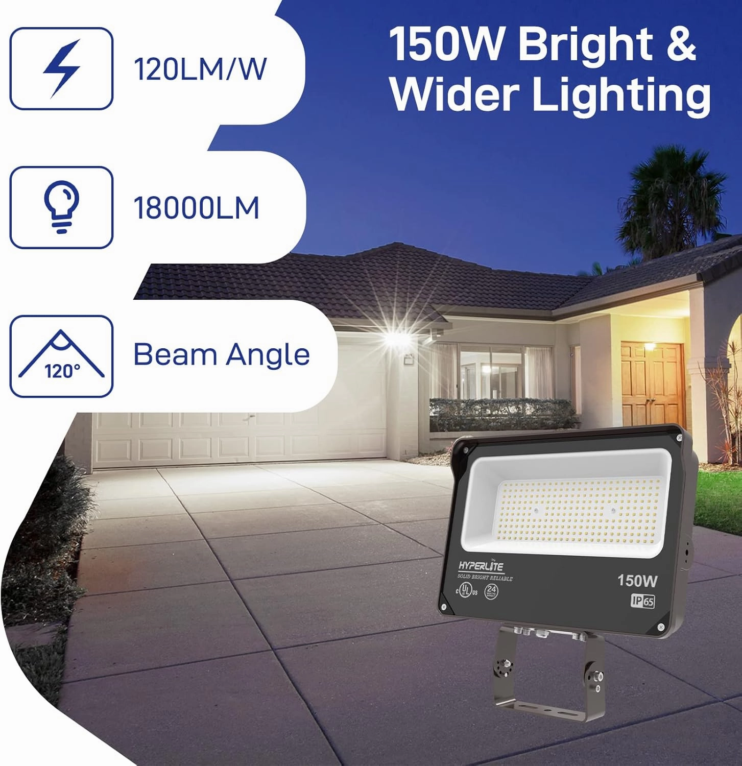 HYPERLITE LED Flood Light 150W 2 Pack 18000LM 5000K Daylight IP65 Waterproof Outdoor Floodlights UL Certified for Court,Garden,Warehouse