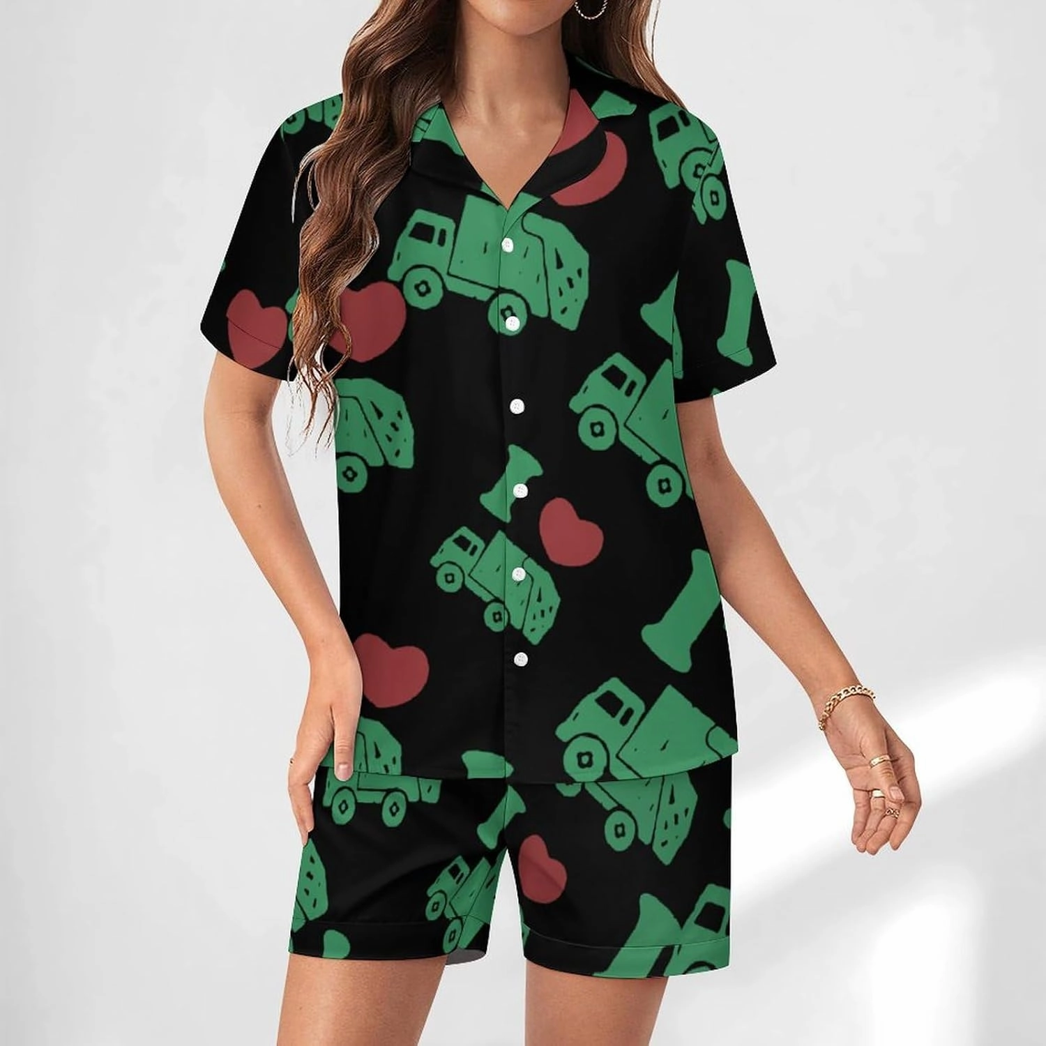 I Love Trash Garbage Trucks Women's Pajamas Set Loungewear 2 Piece Sleepwear Short Sleeve Top Shorts