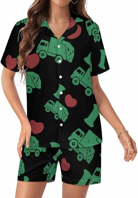 I Love Trash Garbage Trucks Women's Pajamas Set Loungewear 2 Piece Sleepwear Short Sleeve Top Shorts