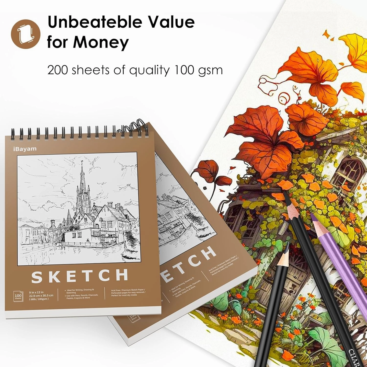 iBayam 9" x 12" Premium Sketch Book Set, 2-Pack Spiral Bound Drawing Paper, 200 Sheets (68lb/100gsm) Sketchbook, Acid-Free Art Drawing Painting Sketching Pad Supplies for Kids, Teens, Adults, Artists