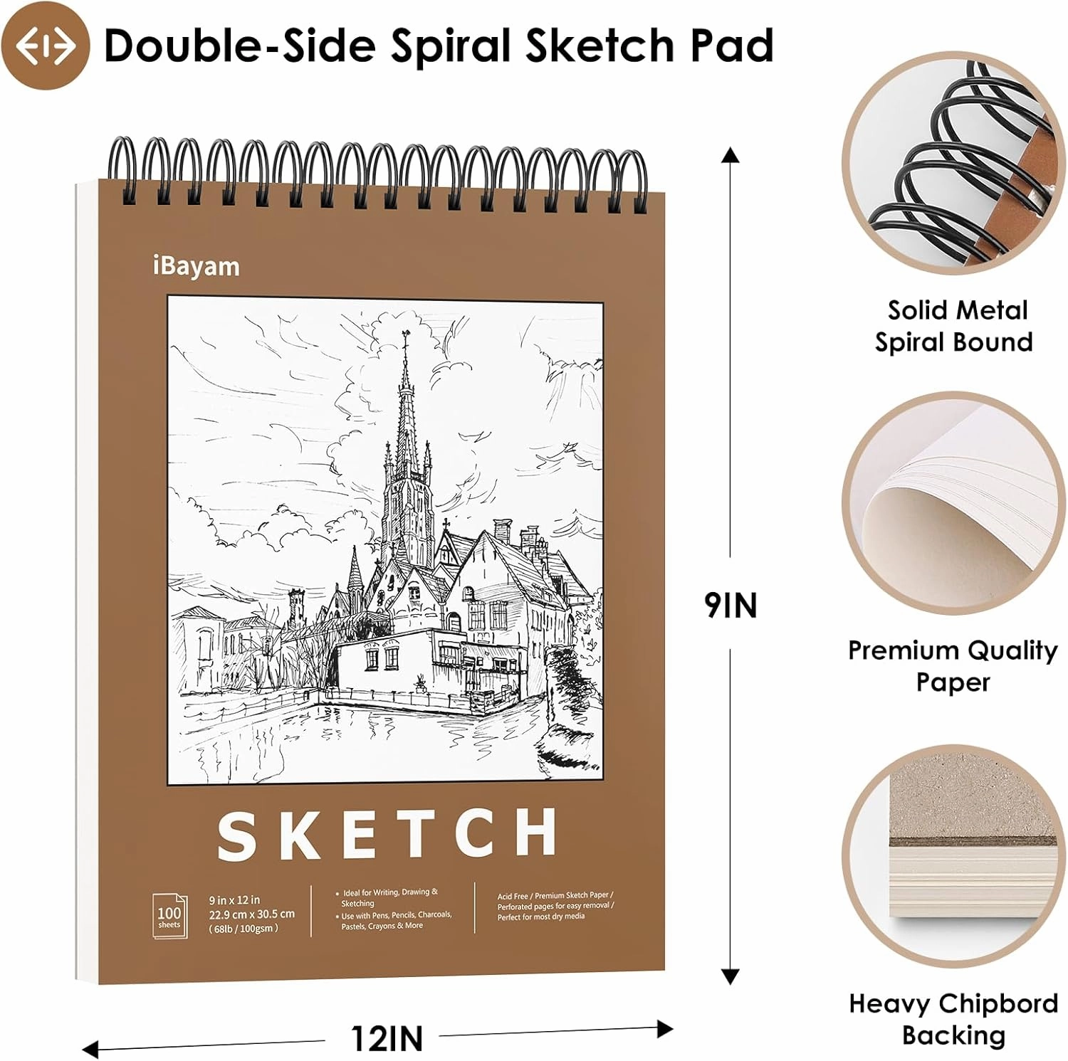 iBayam 9" x 12" Premium Sketch Book Set, 2-Pack Spiral Bound Drawing Paper, 200 Sheets (68lb/100gsm) Sketchbook, Acid-Free Art Drawing Painting Sketching Pad Supplies for Kids, Teens, Adults, Artists