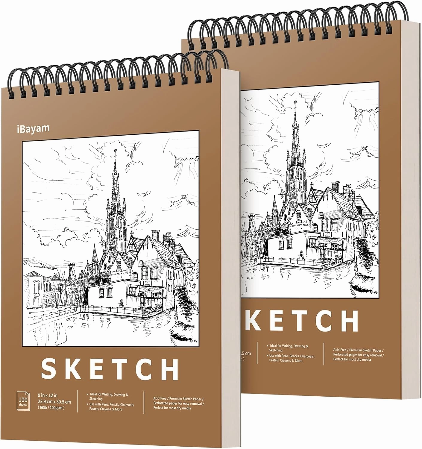 iBayam 9" x 12" Premium Sketch Book Set, 2-Pack Spiral Bound Drawing Paper, 200 Sheets (68lb/100gsm) Sketchbook, Acid-Free Art Drawing Painting Sketching Pad Supplies for Kids, Teens, Adults, Artists