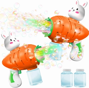 iGeeKid 2 Pack Easter Lighted Bunny Bubbles Guns Toys for Kids Toddlers Boys Girls Easter Gift Basket Stuffers Essential, Light Up Bubble Blower Machine with Solution Kids Party Favors Outdoor Game