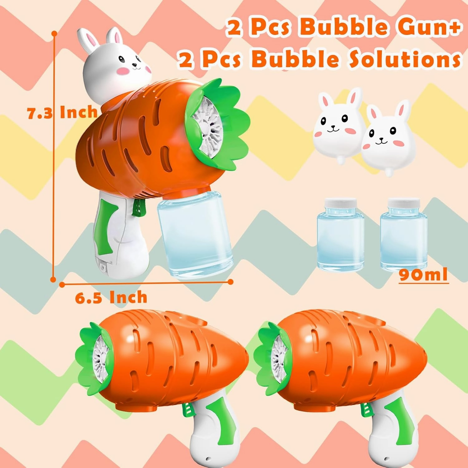 iGeeKid 2 Pack Easter Lighted Bunny Bubbles Guns Toys for Kids Toddlers Boys Girls Easter Gift Basket Stuffers Essential, Light Up Bubble Blower Machine with Solution Kids Party Favors Outdoor Game