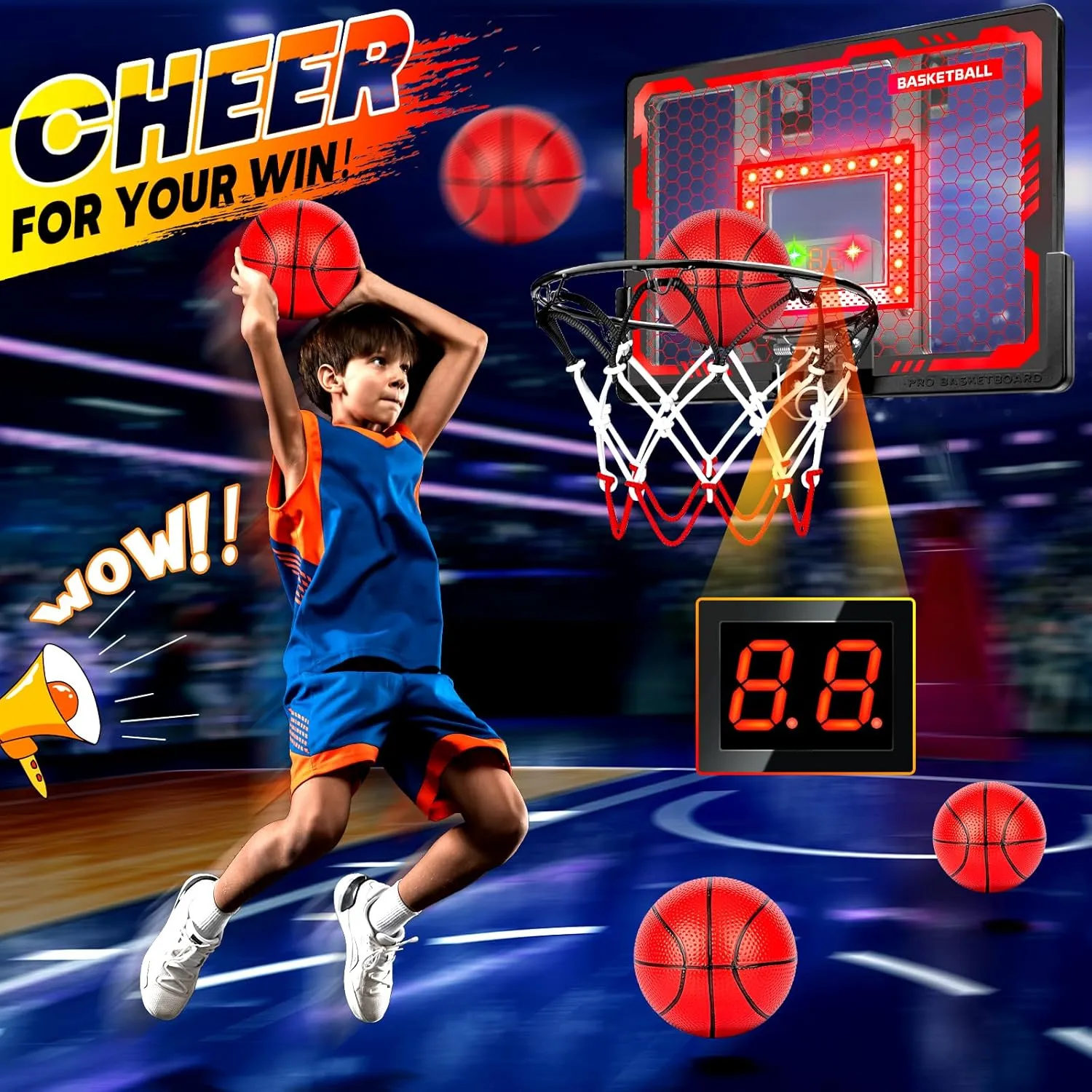 Indoor Basketball Hoop Pro, Mini Basketball Hoop Over The Door with LED Light/Scoreboard/4 Balls- Upgraded Anti-Impact Backboard, Basketball Toys Gifts for 6 7 8 9 10 11 12 Year Old Boys