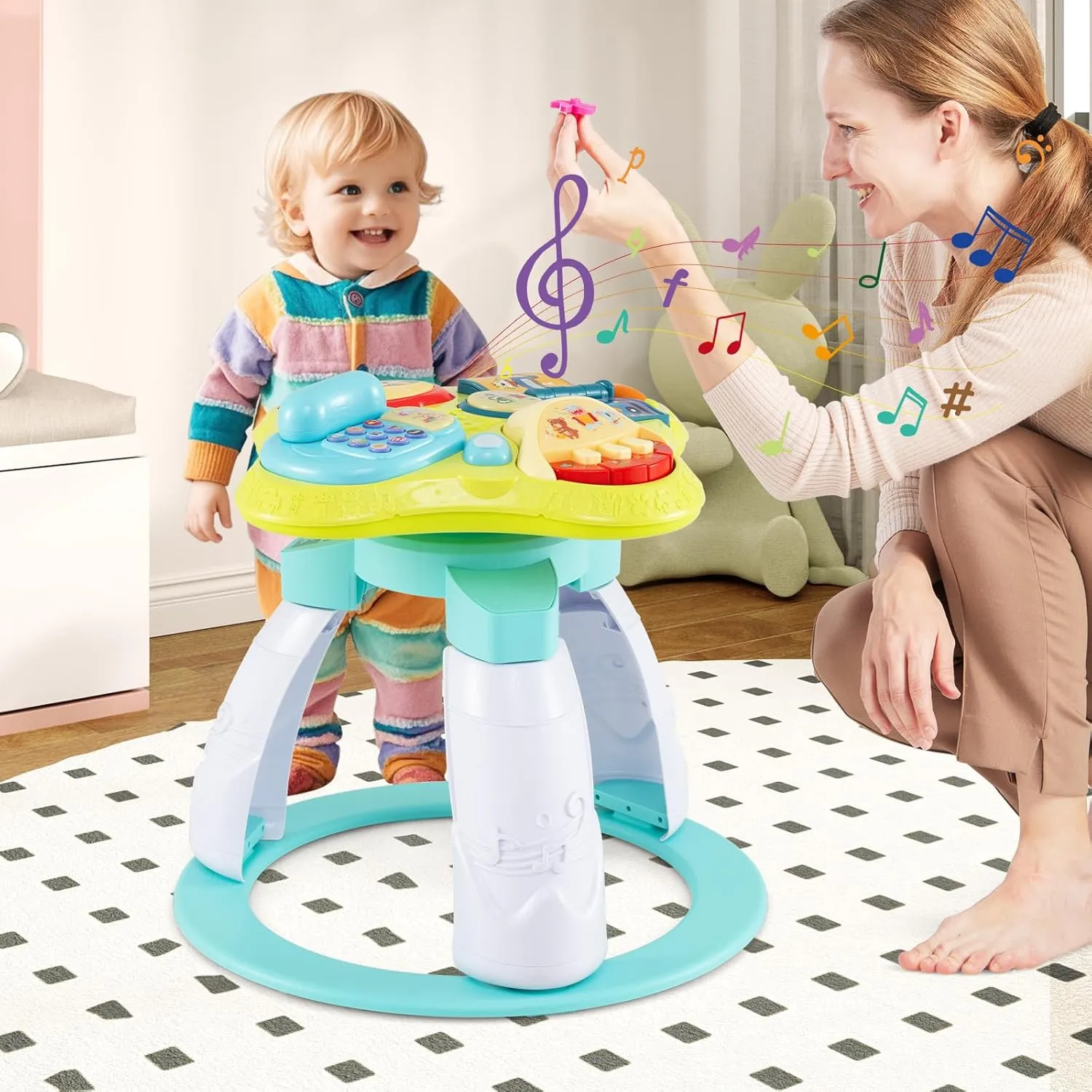 INFANS 3 in 1 Walk Around Baby Activity Center, Baby Walker with Play Table, Wheels, Detachable Seat Cushion, 3 Adjustable Heights, Learning Toys for Boys Girls Aged 6-36 Months (Green)