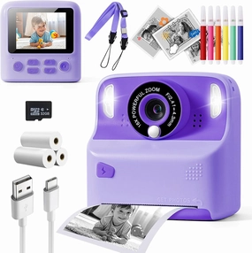 Instant Print Camera for Kids, Christmas Birthday Gifts for Girls Boys Age 3-12,1080P Digital Video Cameras for Toddler, Portable Toy for 4 5 6 7 8 9 10 Year Old Girl with 32GB SD Card (Purple)