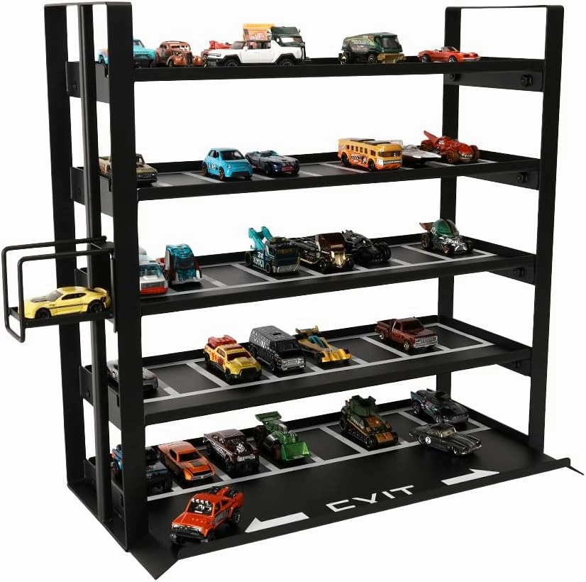 J JACKCUBE DESIGN Hot Wheels & Matchbox Display Case - 5-Tier Steel Toy Car Storage Organizer with Elevator System, Holds 40-60 1/64 Scale Diecast Cars - MK952A