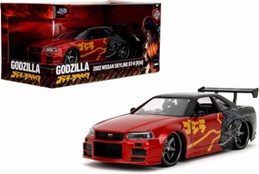 Jada Godzilla 2003 Nissan Skyline GTR R34 – 1:24 Scale Die-Cast, Opening Doors, Hood, Trunk, Rubber Tires – Collectible for Adults – Toho Licensed