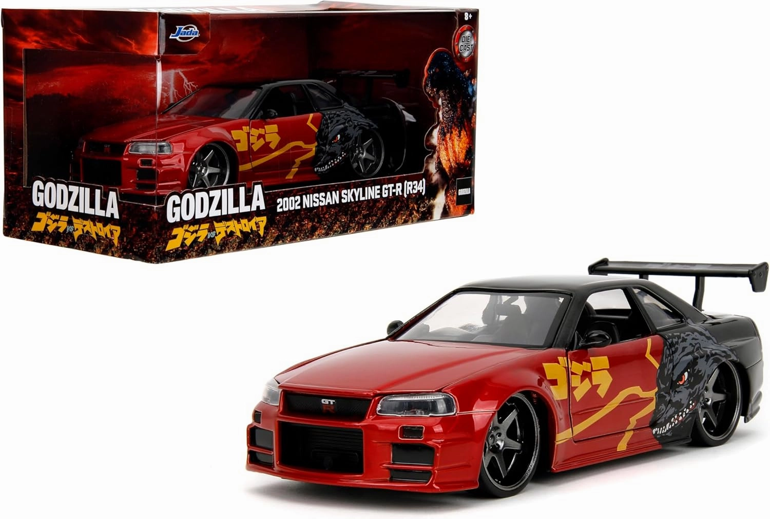Jada Godzilla 2003 Nissan Skyline GTR R34 – 1:24 Scale Die-Cast, Opening Doors, Hood, Trunk, Rubber Tires – Collectible for Adults – Toho Licensed