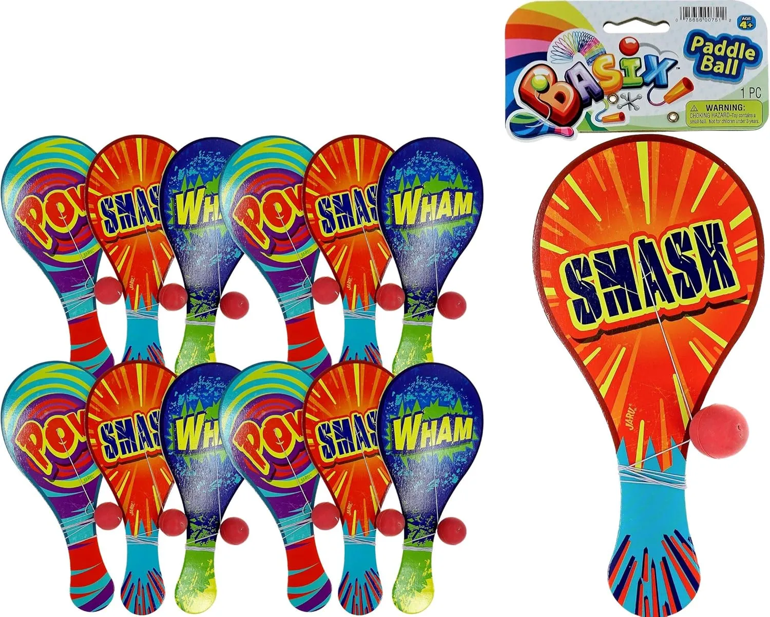JaRu 23382 Ja-Ru Rainbow Paddle Ball (Assorted Color Pack of 12)