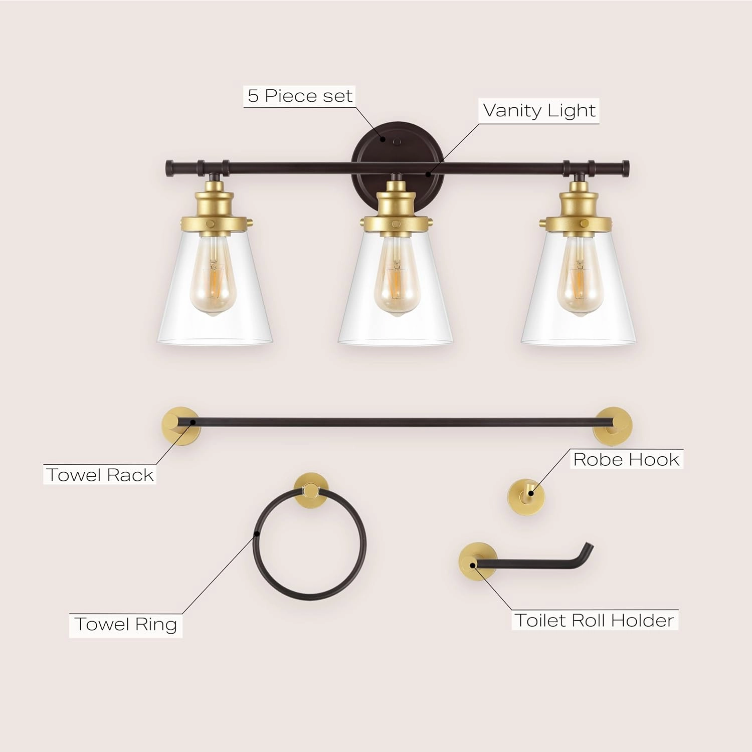 JONATHAN Y JYL1507B Hollis 23.75" 3-Light Traditional Farmhouse Vanity Light with Bathroom Accessory Set, Oil Rubbed Bronze/Gold Painting (5-Piece) - Towel Bar & Ring, Toilet Paper Holder, Robe Hook