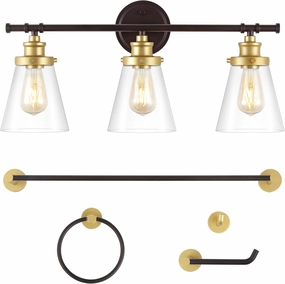 JONATHAN Y JYL1507B Hollis 23.75" 3-Light Traditional Farmhouse Vanity Light with Bathroom Accessory Set, Oil Rubbed Bronze/Gold Painting (5-Piece) - Towel Bar & Ring, Toilet Paper Holder, Robe Hook