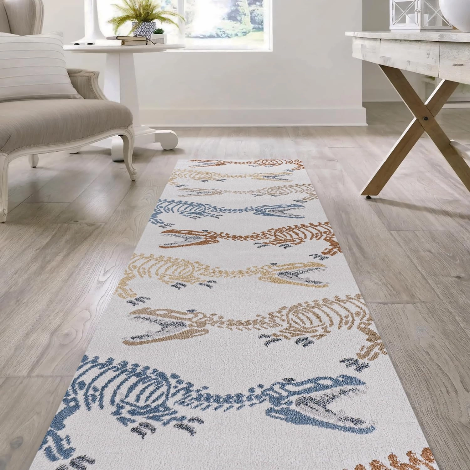 JONATHAN Y KDW103A-28 Kingdarr T-Rex Modern Kids Machine-Washable Runner Rug, Bohemian, Casual, Contemporary, Kids & Novelty for Living Room, Dining Room, Bedroom, Kitchen, Cream/Multi, 2 X 8