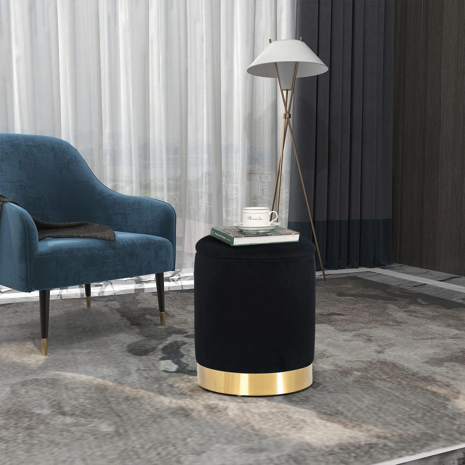 Joveco Round Storage Ottoman Footrest with Removable Lid, Velvet Upholstered Footstool with Gold Plating Base for Living Room Bedroom (Black)