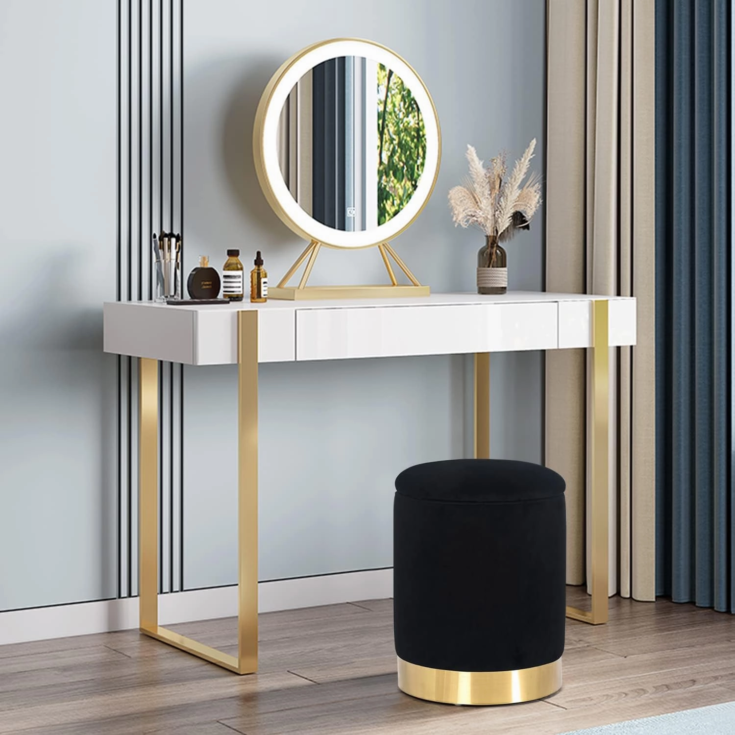 Joveco Round Storage Ottoman Footrest with Removable Lid, Velvet Upholstered Footstool with Gold Plating Base for Living Room Bedroom (Black)