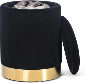 Joveco Round Storage Ottoman Footrest with Removable Lid, Velvet Upholstered Footstool with Gold Plating Base for Living Room Bedroom (Black)