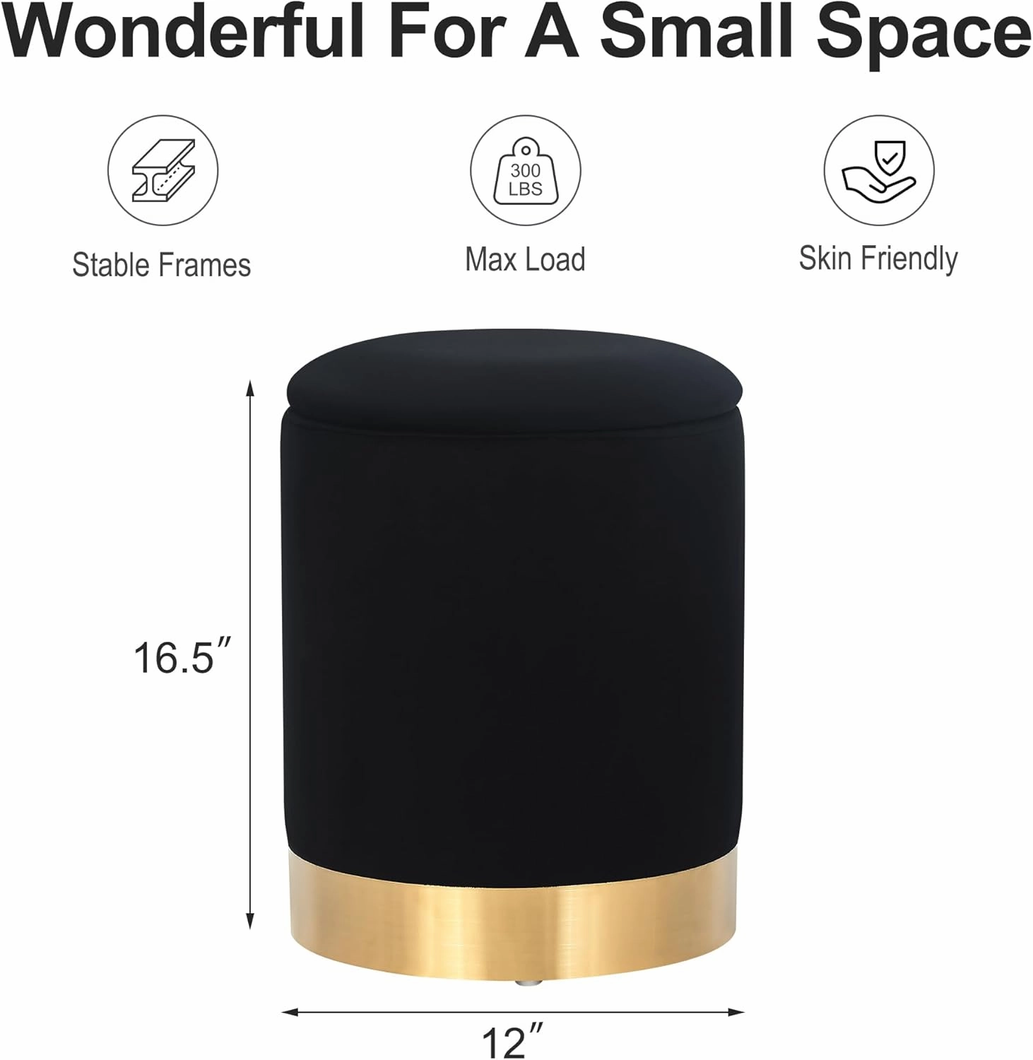 Joveco Round Storage Ottoman Footrest with Removable Lid, Velvet Upholstered Footstool with Gold Plating Base for Living Room Bedroom (Black)