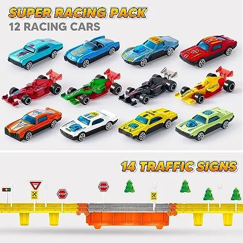 JOYIN Toy Truck for Kids,5-FT Race Track and 12 Die-Cast Metal Toy Cars, Racing Car with Lights & Sounds, Carrier Truck Playset Gift for 2 3 4 5 Years Old Boys and Girls-Black