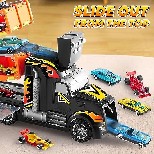 JOYIN Toy Truck for Kids,5-FT Race Track and 12 Die-Cast Metal Toy Cars, Racing Car with Lights & Sounds, Carrier Truck Playset Gift for 2 3 4 5 Years Old Boys and Girls-Black