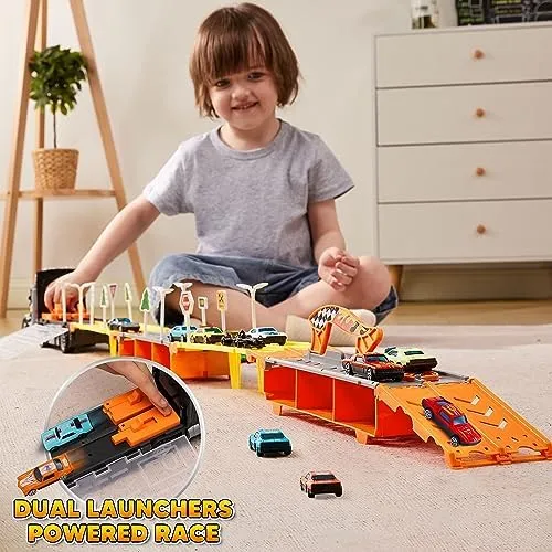 JOYIN Toy Truck for Kids,5-FT Race Track and 12 Die-Cast Metal Toy Cars, Racing Car with Lights & Sounds, Carrier Truck Playset Gift for 2 3 4 5 Years Old Boys and Girls-Black
