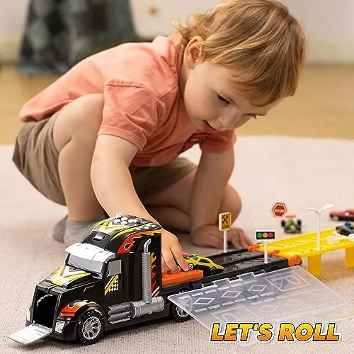 JOYIN Toy Truck for Kids,5-FT Race Track and 12 Die-Cast Metal Toy Cars, Racing Car with Lights & Sounds, Carrier Truck Playset Gift for 2 3 4 5 Years Old Boys and Girls-Black