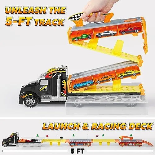 JOYIN Toy Truck for Kids,5-FT Race Track and 12 Die-Cast Metal Toy Cars, Racing Car with Lights & Sounds, Carrier Truck Playset Gift for 2 3 4 5 Years Old Boys and Girls-Black