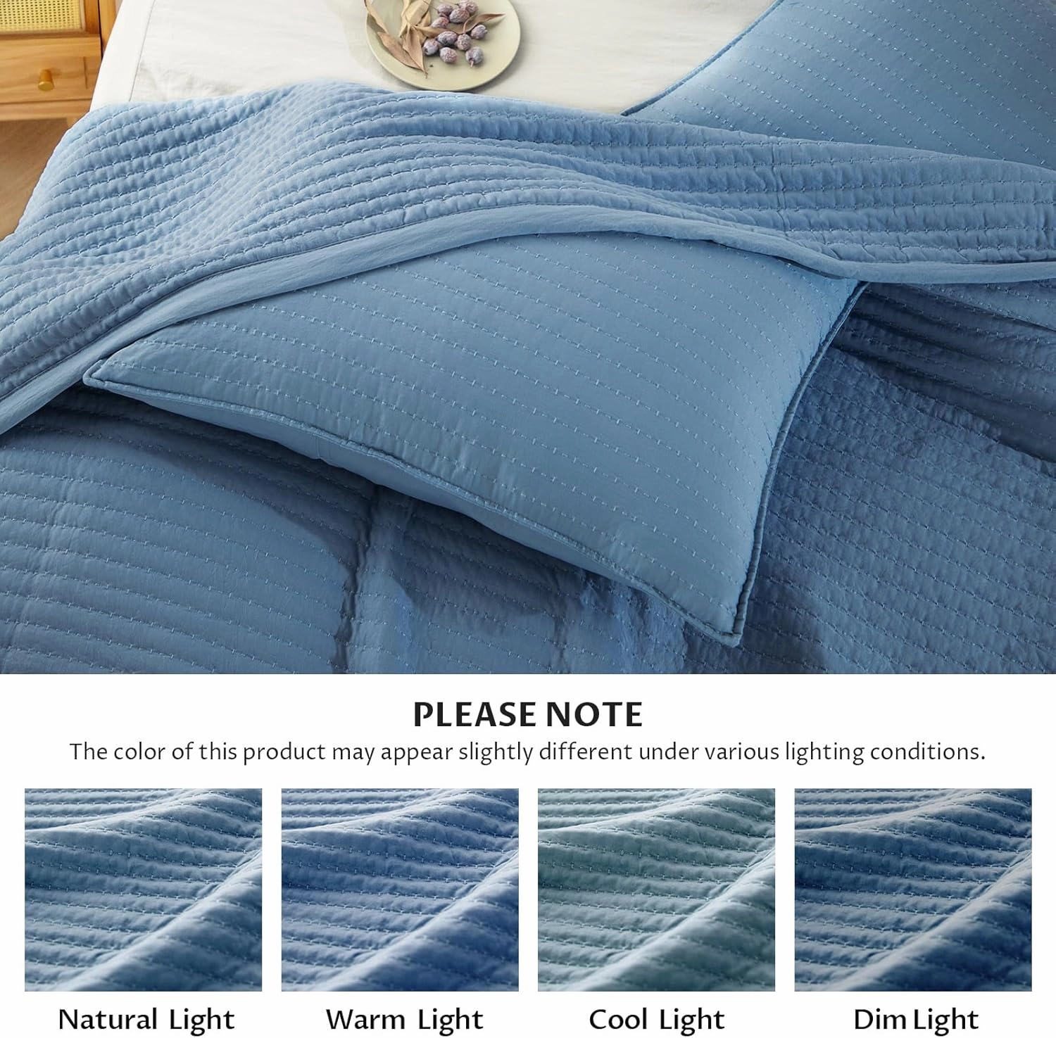 KASENTEX Quilt-Bedding-Coverlet-Blanket-Set, Machine Washable, Ultra Soft, Lightweight, Stone-Washed, Detailed Stitching - Solid Color (Blue, Oversized King   2 King Shams)