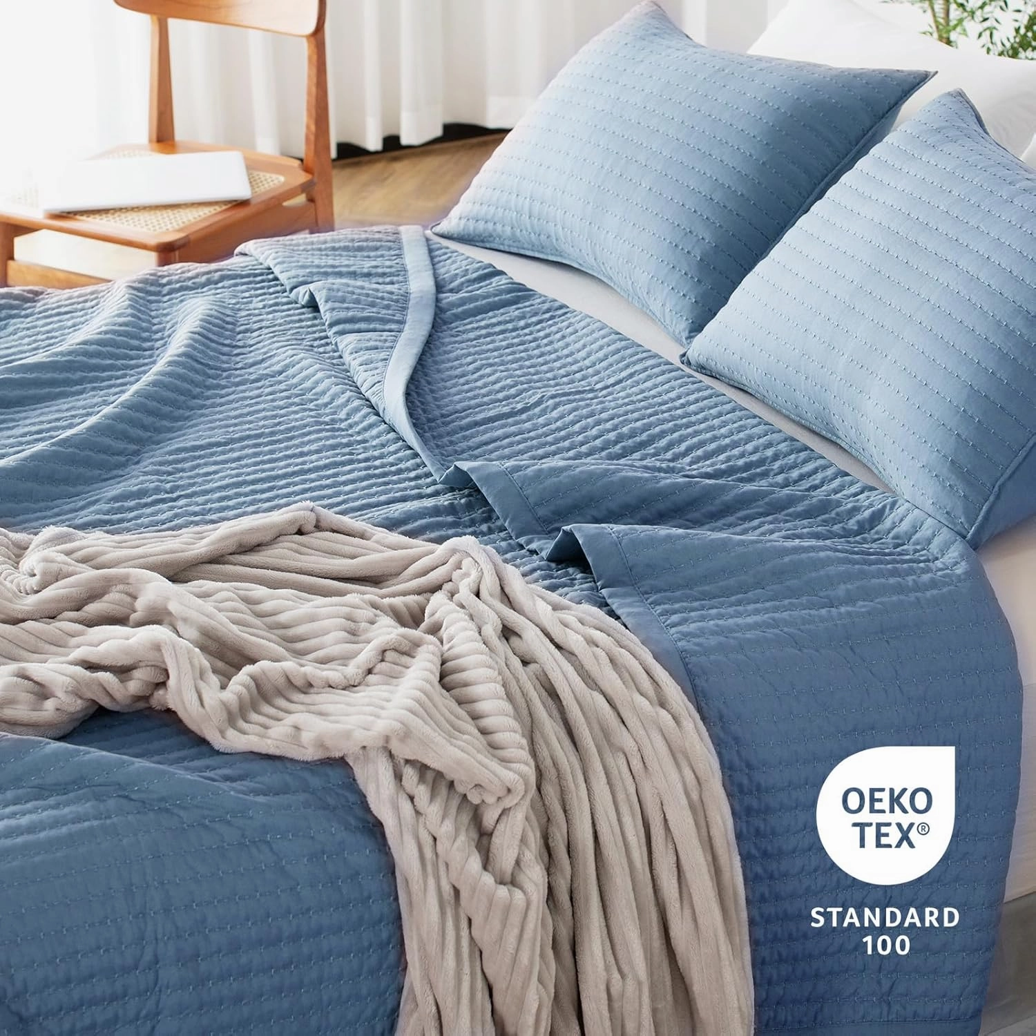 KASENTEX Quilt-Bedding-Coverlet-Blanket-Set, Machine Washable, Ultra Soft, Lightweight, Stone-Washed, Detailed Stitching - Solid Color (Blue, Oversized King   2 King Shams)