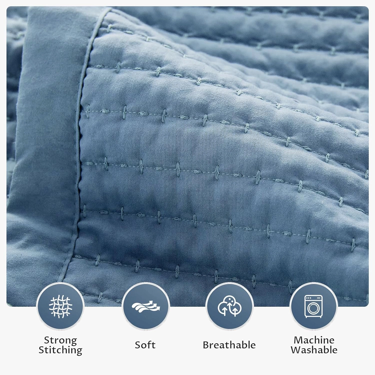 KASENTEX Quilt-Bedding-Coverlet-Blanket-Set, Machine Washable, Ultra Soft, Lightweight, Stone-Washed, Detailed Stitching - Solid Color (Blue, Oversized King   2 King Shams)